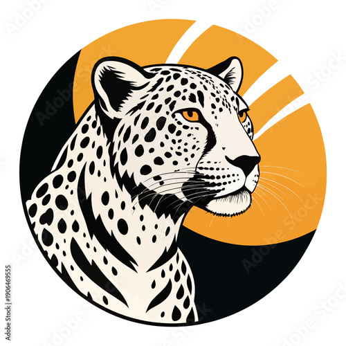 Minimalist modern vector illustration of a majestic Arabian leopard, capturing its sleek form and piercing gaze against a striking abstract background, perfect for logos and branding