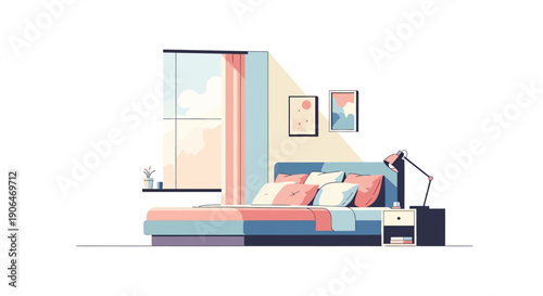 Modern Bed with Pillows and Lamp.