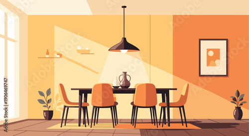Modern Dining Table and Orange Chairs.