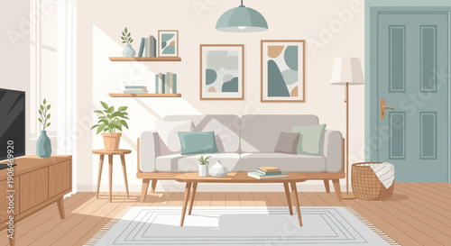 Modern Living Room with Gray Sofa Furniture.