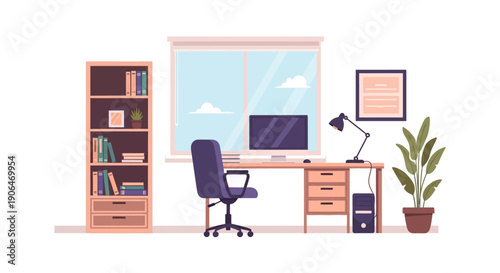Modern Office Desk with Chair and Bookshelf.