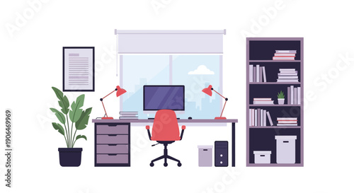 Modern Office Workspace with Computer and Furniture.