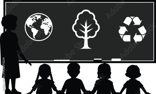 Environmental education classroom silhouette illustration, teacher teaching children about earth conservation, recycling and sustainability concepts on blackboard