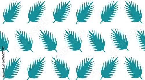A repeating pattern of teal palm fronds against a white background, suitable for tropical-themed designs and backgrounds with a subtle, naturalistic aesthetic