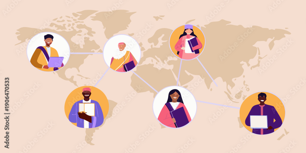 Fototapeta premium Diverse students connected globally through online learning and digital communication