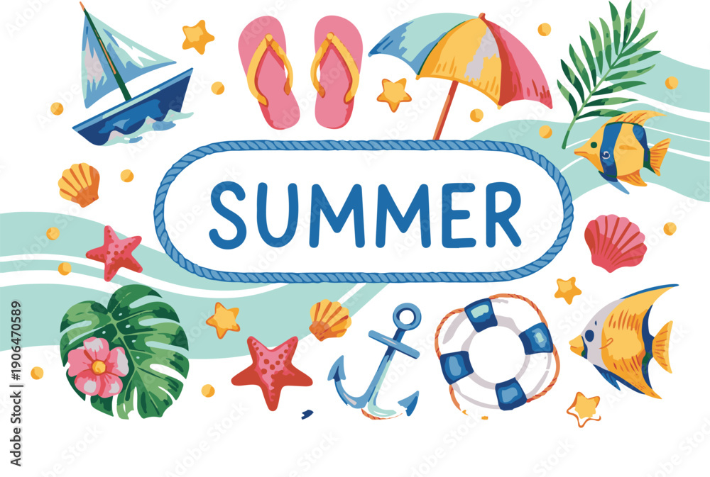 Naklejka premium Vibrant summer themed illustration with beach elements and text