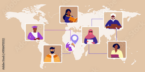 Global connections diverse people linked by a world map illustration