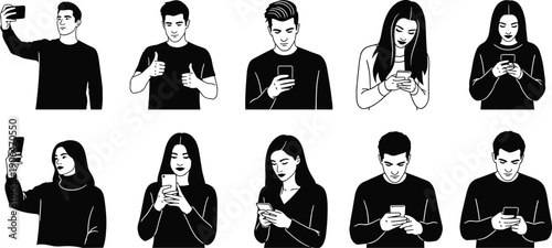People using smartphones set vector illustration, men and women texting, browsing social media and taking selfies isolated on white background