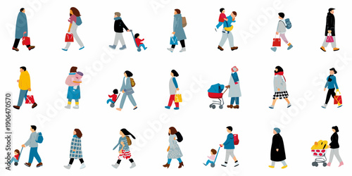 Diverse group of stylized people walking in various poses and outfits