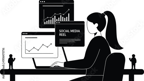 Social media marketing analytics concept illustration, woman managing digital content dashboard with growth charts and online performance metrics