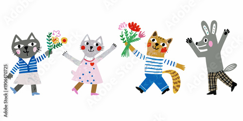 Cute animal friends a cat bunny and dog holding colorful bouquets of flowers