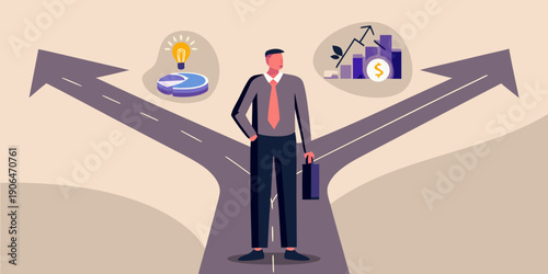 A businessman contemplates a crossroads of innovation and financial gain