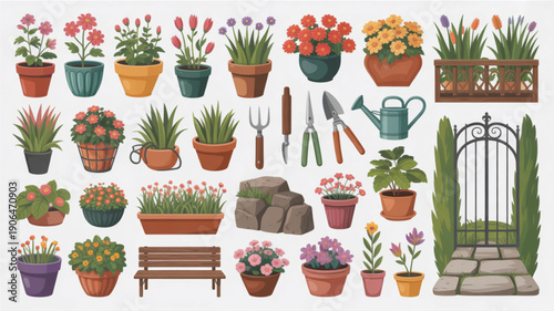 Vibrant garden flowers and gardening tools collection