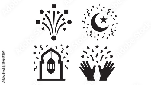 Celebration symbols including confetti burst moon and lantern icons for festive occasions
