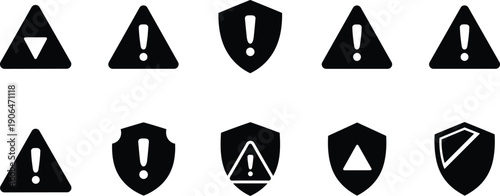 Set of triangle warning signs and security shield icons with exclamation marks, hazard alert symbols for industrial safety and digital data protection notification,