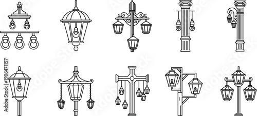 Set of vintage street lamp line icons, classic outdoor lantern silhouettes for urban park lighting design, antique lamp post symbols for exterior home decor,