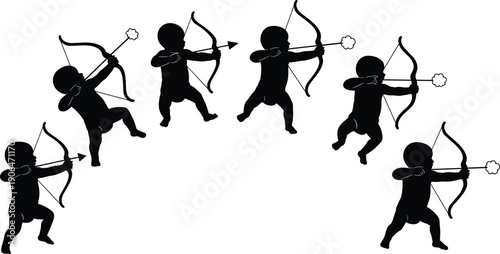 Cupid silhouette illustration set, baby angel archer shooting arrows, black and white love symbol, flat vector design for romantic concept