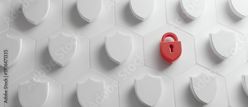 Secure lock among white shields symbolizing safety.