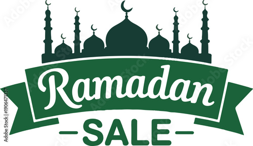 Ramadan sale banner with mosque silhouette and crescent moon