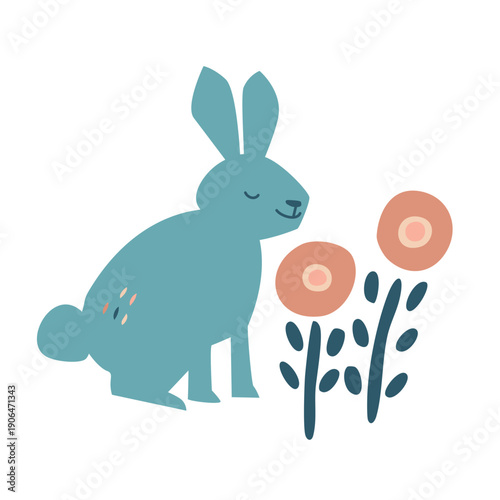 北欧デザイン風のウサギと小花のベクターイラスト
