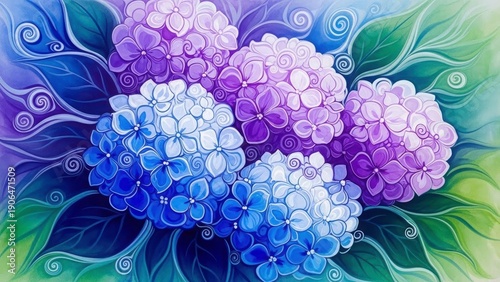 Hydrangea Blooms: Close-up image showcasing the vibrant hues of hydrangea blossoms in full bloom, revealing intricate textures and soft petals.