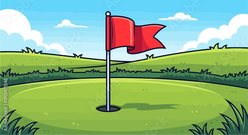 A vibrant cartoon illustration of a golf course with a red flag marking the hole on a sunny day.