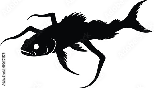 Deep sea fish silhouette illustration, fantasy aquatic creature design, mysterious ocean animal concept, underwater mythology style, black marine life art