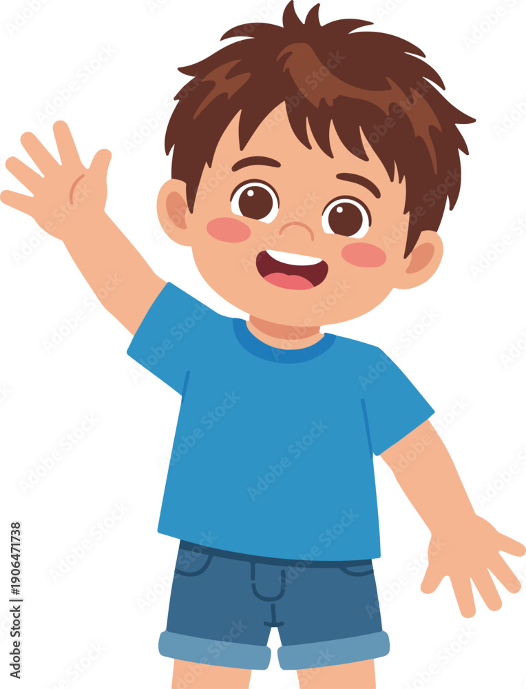 Fototapeta premium Happy young boy waving with friendly smile and casual summer clothes