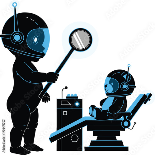 Futuristic robot baby doctor illustration, AI healthcare concept, medical technology for children, artificial intelligence pediatric care, science fiction child silhouettes