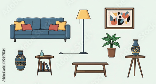 Collection of modern living room furniture and decor items.