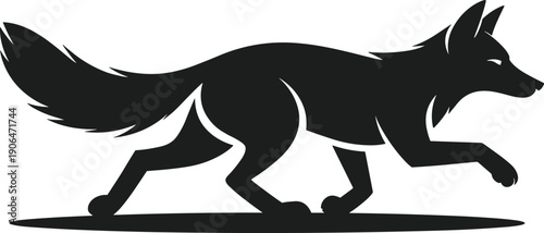 Black fox silhouette running with bushy tail and pointed ears on white background animal motion