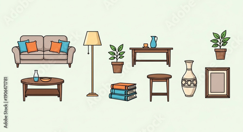 Collection of modern living room furniture and decor items.