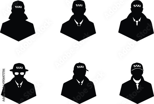 Taxi driver silhouette icon set, transportation service avatars, professional chauffeur profiles, urban mobility concept, black driver icons isolated