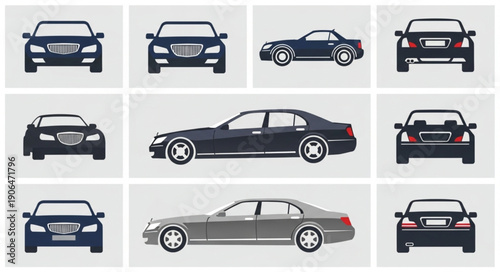 Collection of modern luxury sedan car illustrations from different angles.