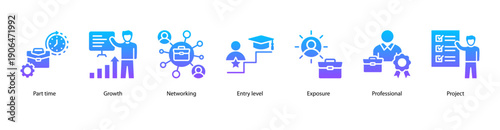 Professional Growth web banner illustration featuring Part time, Growth, Networking, Entry level, Exposure, Professional, and Project.