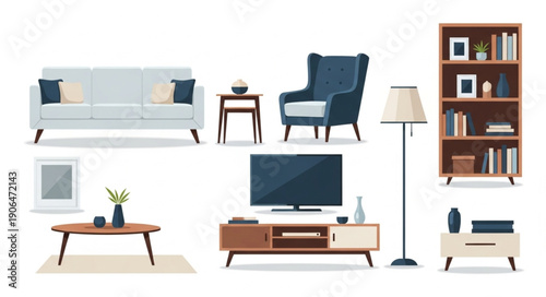 Collection of modern furniture and home decor items.