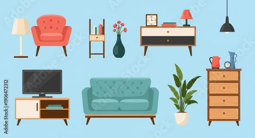 Collection of modern furniture and home decor items.