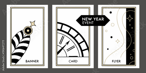 Modern New Year Event Set – Black Gold Geometric Banner, Card, and Flyer Collection with Feather Art, Midnight Clock, and Abstract Minimal Patterns for Premium Festive Branding