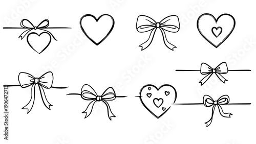 Collection of hand drawn black and white sketch style heart symbols and decorative bow line dividers perfect for romantic holiday design elements
