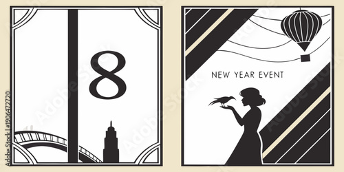 Art Deco New Year 2027 Event Panels – Number 8 Cityscape, Silhouette with Bird, Hot‑Air Balloon, and Diagonal Stripe Design for Invitations, Flyers, Holiday Parties, and Premium Event Branding