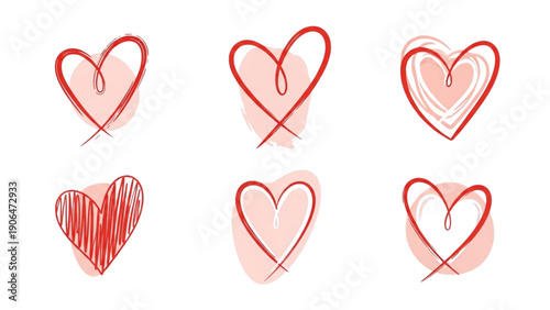 Collection of six distinct red hand-drawn doodle hearts featuring various scribbled and outlined artistic styles perfect for love graphics