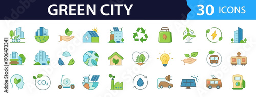Sustainable city icons representing eco-friendly practices and green initiatives in a modern urban setting from a conceptual viewpoint