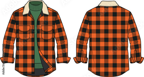 Plaid flannel jacket technical fashion illustration, front and back views orange black checkered pattern flat vector apparel design