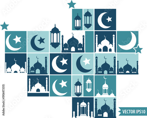 Ramadan Islamic vector icons set with mosques moon lanterns stars and crescent