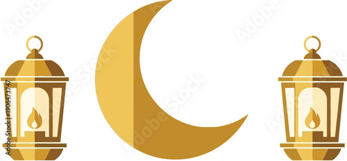Golden lanterns and crescent moon Ramadan decoration glowing warmly on white background