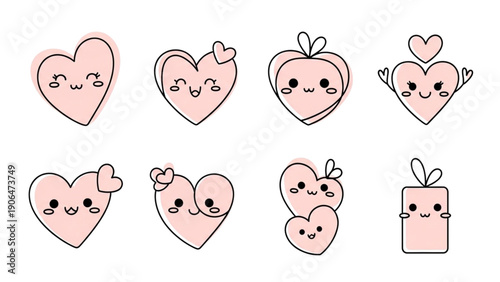Collection of adorable kawaii style pink heart illustrations featuring cute expressive faces and simple line art designs perfect for celebrations