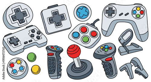 A collection of various video game controllers, joysticks, and gaming pads in a cartoon style.