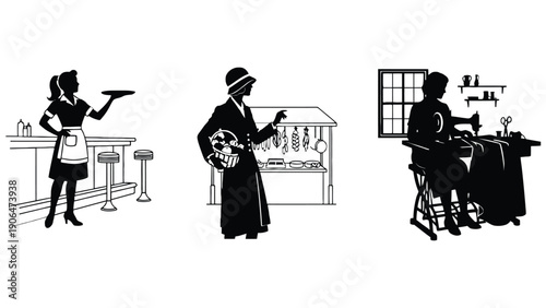 Vintage illustrations of a waitress, detective, and barber in different settings.