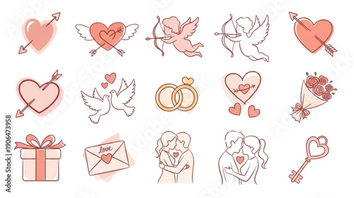 Collection of adorable hand-drawn icons featuring cupid figures hearts arrows doves wedding rings romantic couples gifts letters bouquets and keys for valentines day design