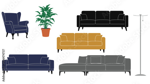 A collection of modern furniture including sofas and a chair